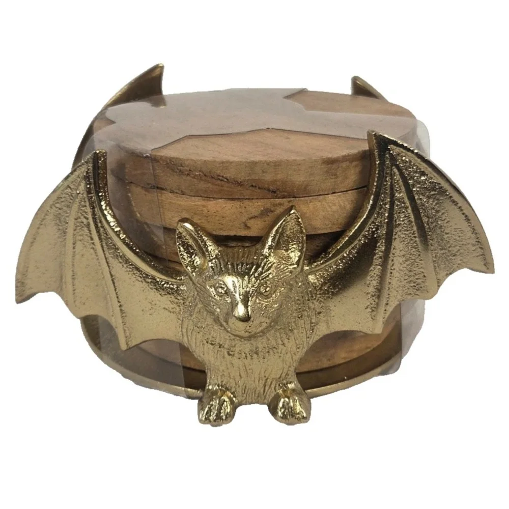 Spooky Hollow Bat Coaster Set 5pc Wood Gold Gothic Halloween Decor New